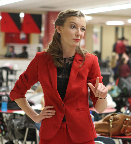 Cortland Stone of Columbiana High School practices her humorous interpretation of Ace Ventura Pet Detective in the cafeteria of Canfield High School during a Speech and Debate competition on Saturday morning.  Dustin Livesay  |  The Vindicator  1/9/16  Canfield.