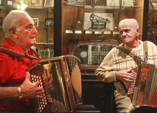 William D Lewis the Vindicator  Button Box players Pete November, left, of Warren and Steve Luzar of Niles during a Polka Jam session at Kuzman's  in Girard Friday 1-15-2016. The weekly event gives musicians and fans of polka music and opportunity to enjoy themselves.