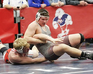 Boardman's Nick Patoray , left, wrestles Loudonville's Heath Snyder during their 195 pound match during the 2016 Josh Hephner Memorial Tournament at Austintown-Fitch High School, Saturday, Jan. 23, 2016, in Youngstown, Ohio. Alex Slitz for The Vindicator