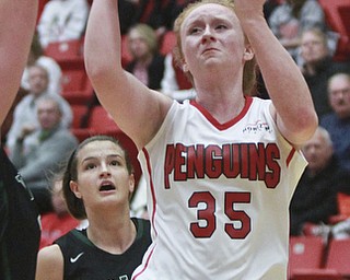 William D Lewis The Vindicator  YSU's Kelley Wright(35) goes for 2 past Emily Vogelpohl(3) of WSU during 1-28-16 action at YSU.