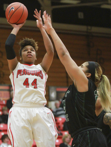 William D Lewis The Vindicator  YSU'sJanae Jackson(44) goes for 2 past Lexi Smith(25) of WSU during 1-28-16 action at YSU.