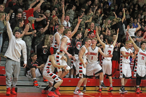 The Canfield High School bench and student section celebrates after a 3-pointer was made by Mason Mangapora to tie the game in the fourth quarter during Friday nights matchup against Poland High School at Canfield High School.  Dustin Livesay  |  The Vindicator  1/29/16  Canfield High School.