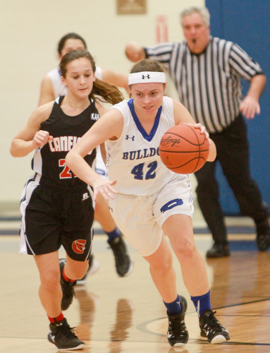 William D. Lewis The VindicatorPoland's Emily Melnnek(42) and Ashley Veneroso(23)during 2-3-15 action at Poland.