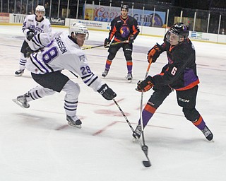 Youngstown Phantoms defensemen Ryan Shea (6) has his shot blocked by Tri-City's Mattias Goransson (28) during the first period of Friday nigths matchup at the Covelli Center in downtown Youngstown. Dustin Livesay | The Vindicator 2/5/16 Covelli Center.