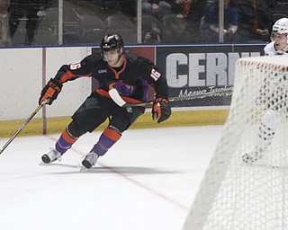 Youngstown Phantoms forward Noah Lalonde (16) keeps the puck away from Joey Matthews (8) of the Tri-City Storm during the first period of Friday nigths matchup at the Covelli Center in downtown Youngstown.  Dustin Livesay  |  The Vindicator  2/5/16  Covelli Center.