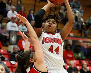 William d lewis The Vindicator YSU's Janae Jackson(44)shoots over Detroits Haleigh Ristovski(2) during 2-6-15 action.