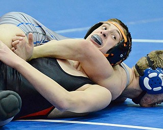 Jeff Lange | The Vindicator  THURS, FEB 11, 2016 - Howland's Ray Kaso (facing) looks wide-eyed to the referee during his 152 pound match against Poland's Jacob Blackburn at Poland High School on Thursday.