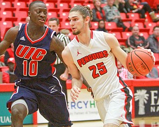 WilliamD Lewis The Vindicator  YSU's Jordan Andrews (25) drives around UIC Dikembe Dixson(10).
