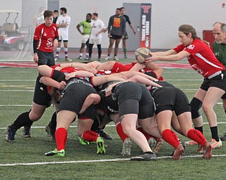 Brigitte Ford of the Youngstown Steel Valley womens rugby team prepares to introduce the ball into the the Scrum during the first round of the 2016 Thomas "Chris" Smythe Tournament at the Watson and Tressel Training Site on Saturday morning. Dustin Livesay  |  The Vindicator  2/20/16  WATTS