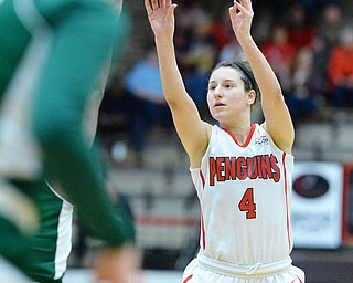 Jeff Lange | The Vindicator  SAT, FEB 20, 2016 - Penguins' Nikki Arbanas (4) attempts a three-point shot in the first quarter of YSU's game against Cleveland State at the Beeghly Center on Saturday.