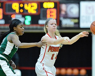 Jeff Lange | The Vindicator  SAT, FEB 20, 2016 - Youngstown's Melinda Trimmer (right) makes a pass against Cleveland State's Brooke Smith in the second quarter of their matchup at the Beeghly Center on Saturday.