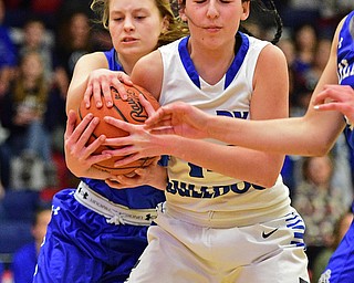 AUSTINTOWN, OHIO - FEBRUARY 22, 2016: Cammie Becker #14 of Lakeview and Bella Gajdos #23 of Poland battle for a loose ball during the 1st half of their game Monday night at Austintown Fitch High School. DAVID DERMER | THE VINDICATOR