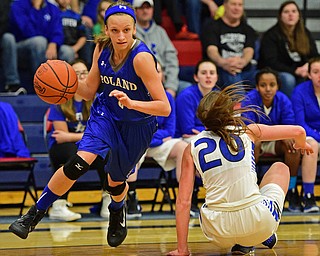 AUSTINTOWN, OHIO - FEBRUARY 22, 2016: Sarah Bury #5 of Poland dribbles around Lindsay Carnahan #20 of Lakeview during the 1st half of their game Monday night at Austintown Fitch High School. DAVID DERMER | THE VINDICATOR