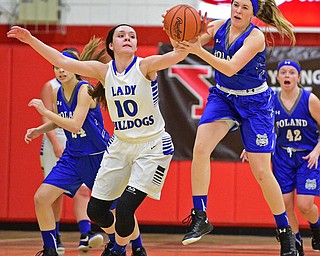 AUSTINTOWN, OHIO - FEBRUARY 22, 2016: Juliana Blangero #32 of Poland jumps in the air to take the ball away from Annie Pavlansky #10 of Lakeview during the 1st half of their game Monday night at Austintown Fitch High School. DAVID DERMER | THE VINDICATOR