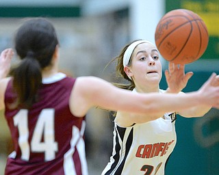 Jeff Lange | The Vindicator  MON, FEB 22, 2016 - Canfield's Alexandra Stanic (right) makes a pass against Boardman's Morgan Pavlansky (14) late in the second half of Monday night's sectional semi final at LeBron James Arena in Akron.