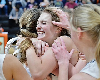 Jeff Lange | The Vindicator  WED, FEB 24, 2016 - McDonald's Sara Joseph celebrates with teammates after the Blue Devils defeated the Valley Christian Eagles in the Division IV district semifinal game at Mineral Ridge High School on Wednesday.