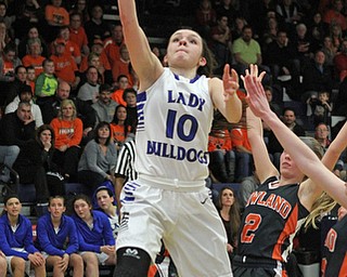 Lakeview's Annie Pavlansky (10) goes in for a layup after driving past Howland's Izzy Albrecht (2) during the fourth quarter of Thursday nights matchup at Austintown Fitch High School.   Dustin Livesay  |  The Vindicator  2/25/16  Austintown.