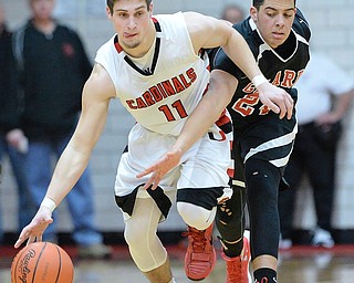 Jeff Lange | The Vindicator  FRI, FEB 26, 2016 - Canfield's Jared Clark (11) dribbles past Girard's #24 in the second half of Friday's basketball game in Canfield.
