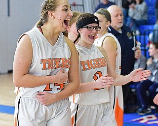 Kayla Barreca #14 and Autumn Hutson #2 of Newton Falls celebrate after their teams district final victory Saturday afternoon at Ravenna High School. SPECIAL TO THE VINDICATOR