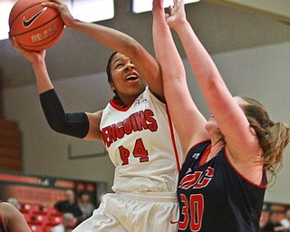 William D. Lewis the vindicator  YSU's Janae Jackson(44) shoots over UIC's Caitlin Garant(30) during 2-28-16 action at YSU.