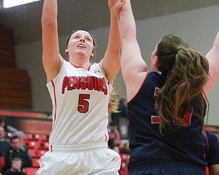 William D. Lewis the vindicator  YSU's Jill blacksten(5) shoots over UIC's Caitlin Garant(30) during 2-28-16 action at YSU.