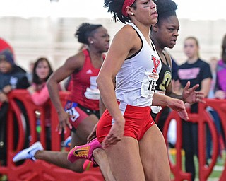YOUNGSTOWN, OHIO - FEBRUARY 28, 2016: Nina Grambling of YSU sprints to the finish line ahead of Kendell Jefferson of Oakland during the women's 60 meter dash final Sunday afternoon during the Horizon League Championship meet at the Watts Training Facility. DAVID DERMER | THE VINDICATOR