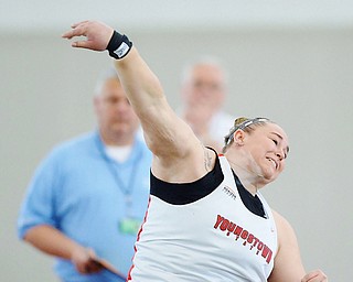 Jeff Lange | The Vindicator SUN, FEB 28, 2016 - YSU's Jayne Corbett participates in the women's shot put event during Sunday's Horizon League Indoor Track Championship held in Youngstown. Corbett took first in the event with a winning throw of 15.44 meters.