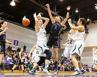 Lakeview's Jensen Silbaugh (5) has her shot blocked by Elyria Catholic's Megan Scheibelhut (35) during their Division II girls regional semifinal game at Barberton High School, Tuesday, March 1, 2016, in Barberton, Ohio. Elyria Catholic beat Lakeview 50-44. Alex Slitz for The Vindicator