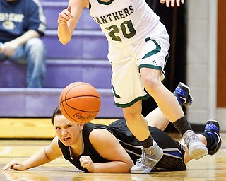 Elyria Catholic's Sam Filiaggi (20) recovers a loose ball past Lakeview's Kylee Mann (42) during their  Division II girls regional semifinal game at Barberton High School, Tuesday, March 1, 2016, in Barberton, Ohio. Elyria Catholic beat Lakeview 50-44. Alex Slitz for The Vindicator