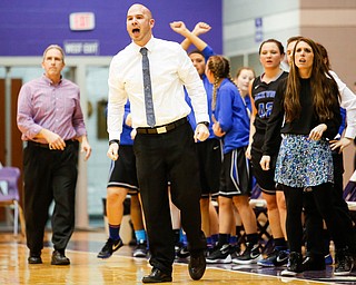 Lakeview head coach Adam Lewis yells down court during their Division II girls regional semifinal game against Elyria Catholic  at Barberton High School, Tuesday, March 1, 2016, in Barberton, Ohio. Elyria Catholic beat Lakeview 50-44. Alex Slitz for The Vindicator