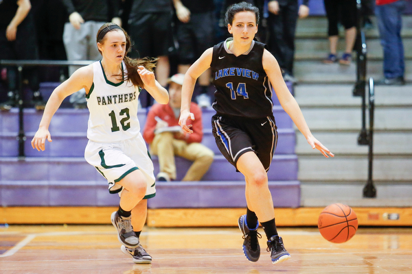 Lakeview's Cammie Becker (14) drives past Elyria Catholic's Riley Schill (12) during their  Division II girls regional semifinal game at Barberton High School, Tuesday, March 1, 2016, in Barberton, Ohio. Elyria Catholic beat Lakeview 50-44. Alex Slitz for The Vindicator
