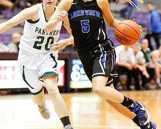 Lakeview's Jensen Silbaugh (5) drives past Elyria Catholic's Sam Filiaggi (20) during their  Division II girls regional semifinal game at Barberton High School, Tuesday, March 1, 2016, in Barberton, Ohio. Elyria Catholic beat Lakeview 50-44. Alex Slitz for The Vindicator