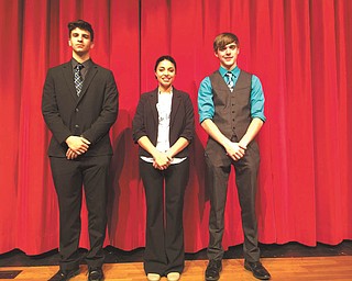 SPECIAL TO THE VINDICATOR | The Columbiana Rotary Club hosted its annual four-way speech contest recently at Columbiana High School. Nine high school students delivered four- to seven-minute speeches on topics of their choice and incorporated four-way test questions, a set of nonpartisan and nonsectarian moral guidelines that all Rotarians are urged to apply in personal and professional relationships. They include the following:  Is it the truth? Is it fair? Will it build goodwill and better friendships? Will it be beneficial to all concerned? First place was awarded to Cheyenne Carr, center, who spoke about the bystander effect; second place was awarded to Michael Vargo, right, and third to Dean Elnaas. The Rotary will issue cash prizes to the winners.