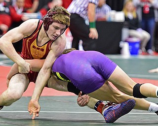 COLUMBUS, OHIO - MARCH 3, 2016: Anthony Renforth of South Range works to keep his balance while Wade Smiddy of Mechanicburg takes him down to the mat during their 145lb Division III championship bracket bout Thursday night at Schottenstein Center. DAVID DERMER | THE VINDICATOR