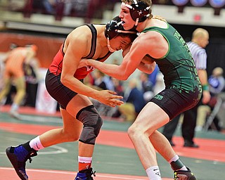 COLUMBUS, OHIO - MARCH 3, 2016: Dylan Miller of West Branch jockeys for position with Sandro Ramirez of Wauseon during their 145lb Division II championship bracket bout Thursday night at Schottenstein Center. DAVID DERMER | THE VINDICATOR
