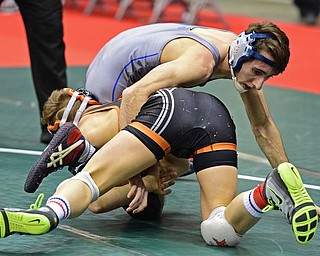 COLUMBUS, OHIO - MARCH 3, 2016: Dave Esarco of Poland holds on to the body of Sid Ohl of Ashland after being taken down during their 145lb Division II championship bracket bout Thursday night at Schottenstein Center. DAVID DERMER | THE VINDICATOR