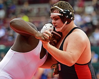 COLUMBUS, OHIO - MARCH 3, 2016: Mason Giordano of Canfield works for position while grappling with Jamez Young of Sandusky during their 220lb Division II championship bracket bout Thursday night at Schottenstein Center. DAVID DERMER | THE VINDICATOR..