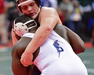 COLUMBUS, OHIO - MARCH 3, 2016: Mason Giordano of Canfield works for position while grappling with Jamez Young of Sandusky during their 220lb Division II championship bracket bout Thursday night at Schottenstein Center. DAVID DERMER | THE VINDICATOR..