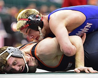 COLUMBUS, OHIO - MARCH 3, 2016: Adam Green of Fitch controls the back of Max Wright of Delaware Hayes during their 160lb Division I championship bracket bout Thursday night at Schottenstein Center. DAVID DERMER | THE VINDICATOR
