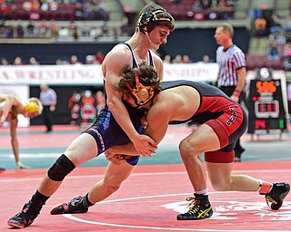 COLUMBUS, OHIO - MARCH 4, 2016: Georgio Pollas of Canfield works to take down Vince Zitello of Bay Village during their 152lb Division II championship bracket bout Friday afternoon at Schottenstein Center. DAVID DERMER | THE VINDICATOR