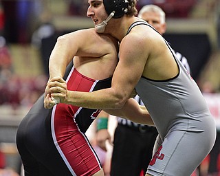 COLUMBUS, OHIO - MARCH 4, 2016: Jacob Esarco of Canfield grabbles for position with Nick Svarda of Middletown Madison during their 220lb Division II championship bracket bout Friday afternoon at Schottenstein Center. DAVID DERMER | THE VINDICATOR