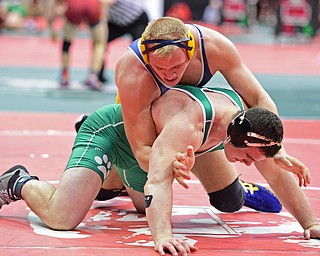 COLUMBUS, OHIO - MARCH 4, 2016: Zach Hackett of Brookfield controls the back of Collin Kelly of Mogadore during their 220lb Division III consolation bracket bout Friday afternoon at Schottenstein Center. DAVID DERMER | THE VINDICATOR