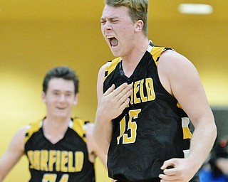 Jeff Lange | The Vindicator  FRI, MAR 4, 2016 - Garrettsville Garfield's Dalton Fall (15) celebrates a buzzer beater at the end of the first half during the G-Men's 34-31 loss to Newton Falls in the DIII district championship game in Warren on Friday.