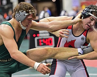 COLUMBUS, OHIO - MARCH 5, 2016: Dominic Cooper of Canfield controls the leg of John Szep of Mentor Lake Catholic while he takes a swipe at his face during their 182lb Division II consolation bracket bout Saturday morning at Schottenstein Center. DAVID DERMER | THE VINDICATOR