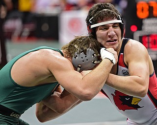 COLUMBUS, OHIO - MARCH 5, 2016: Dominic Cooper of Canfield is tied up with John Szep of Mentor Lake Catholic during their 182lb Division II consolation bracket bout Saturday morning at Schottenstein Center. DAVID DERMER | THE VINDICATOR