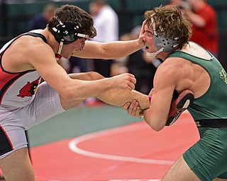 COLUMBUS, OHIO - MARCH 5, 2016: Dominic Cooper of Canfield illegally places his hand on the face of John Szep of Mentor Lake Catholic while he has his leg immobilized during their 182lb Division II consolation bracket bout Saturday morning at Schottenstein Center. DAVID DERMER | THE VINDICATOR