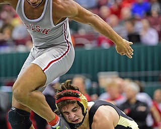 COLUMBUS, OHIO - MARCH 5, 2016: Georgio Poullas of Canfield attempts to prevent Richard Jackson of Toledo Central Catholic from breaking free from his control during their 152lb Division 2 Championship bout Saturday night night at Schottenstein Center. DAVID DERMER | THE VINDICATOR