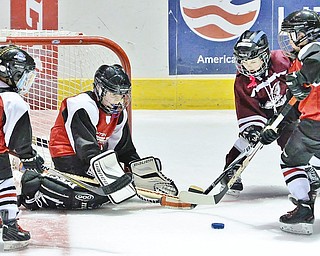 Jeff Lange | The Vindicator  SUN, MAR 6, 2016 - Dayton Stealth goalie Joey Kaczmarek (center) blocks the shot of Johnstown Warriors' Keaton Farabaugh (right) during Kaczmarek's first shutout game of the season as Dayton's Tyler Hamilton (64) and Colbin Wolf (far right) look on during the Phantoms ADM Fantastic Finale 4-8 year old Tournament held at the Covelli Centre and Ice Zone in Boardman on Sunday. The Stealth claimed third place by defeating the Warriors 6-0.