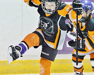 Jeff Lange | The Vindicator  SUN, MAR 6, 2016 - Youngstown Phantoms' Breen Dahman, age seven, celebrates after a goal in the second half of Youngstown's consolation game against the Dayton Stealth during the Phantoms ADM Fantastic Finale 4-8 year old Tournament held at the Covelli Centre and Ice Zone in Boardman on Sunday.