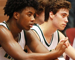 William D Lewis the Vindicator  Ursuline Anthony Howell, left, and Greg Parella watch the final seconds of loss to Akron SVSM in Canton 3-10-16.